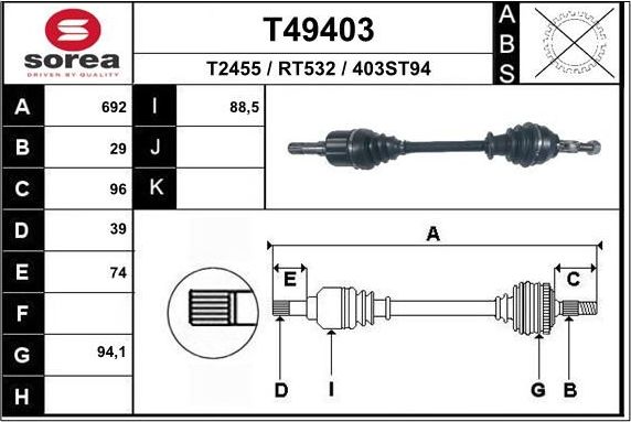 Полуось (привод в сборе, приводной вал) EAI. Артикул T49403