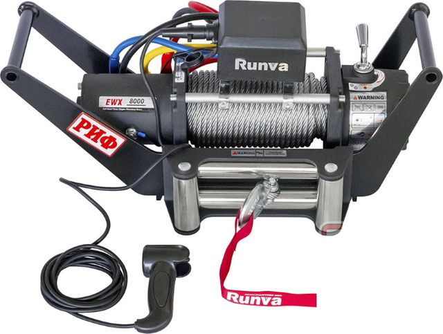 Переносная лебёдка РИФ: 12V Runva 8000 lbs 3629 кг c площадкой в квадрат для фаркопа и проводами (стальной трос) РИФ. Артикул EWX8000S-KIT