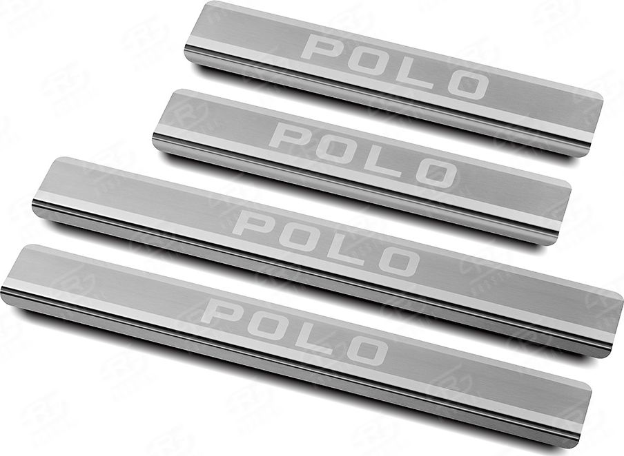 Накладки RusStal на пороги (лист нерж., шлифованный, надпись) для Volkswagen Polo VI 2020-2026. Артикул VWPOL20-03