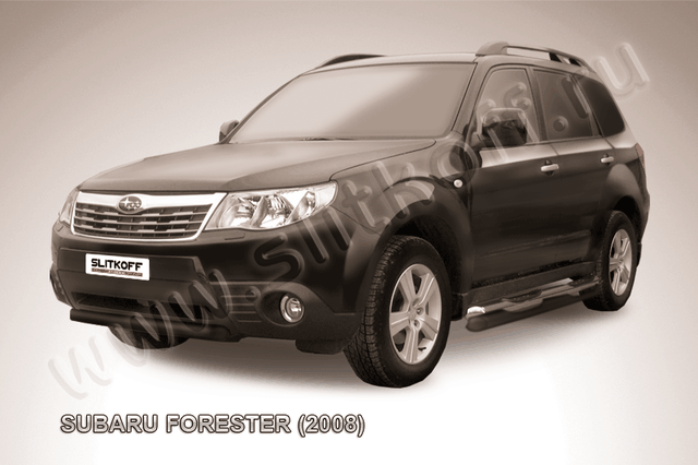 Защита Slitkoff переднего бампера d57 короткая ЧЕРНАЯ матовая для Subaru Forester III 2008-2012. Артикул SF013B