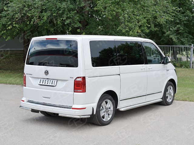 Защита RusStal заднего бампера уголки d42 секция для Volkswagen Multivan T6 (длинная база) 2015-2026. Артикул VCTZ-002322