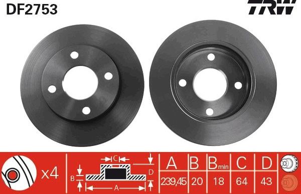 Тормозной диск TRW передний для Ford Fiesta IV 1995-2003. Артикул DF2753