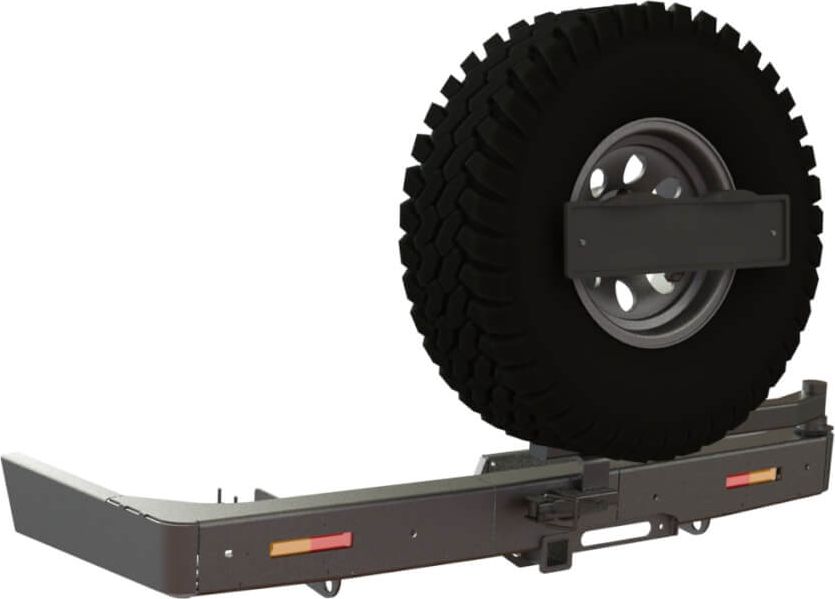 Бампер силовой STC задний для Toyota Land Cruiser Prado 150 2009-2017 с квадратом под фаркоп, площадкой под лебедку, кронштейном крепления запасного колеса по центру, кронштейном крепления гос номера и дублирующими фонарями. Артикул STC-TLCP150-BR-W-C1-L1