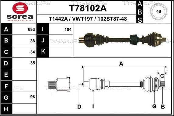Полуось (привод в сборе, приводной вал) EAI. Артикул T78102A