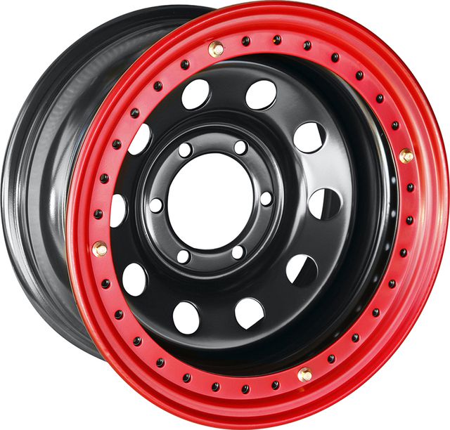 Колёсный диск OFF-ROAD Wheels усиленный стальной черный 6x139,7 8xR16 d110 ET-19 с бедлоком (красный) для Mitsubishi Pajero Sport I 1998-2008. Артикул 1680-63910BL-19 BD-R