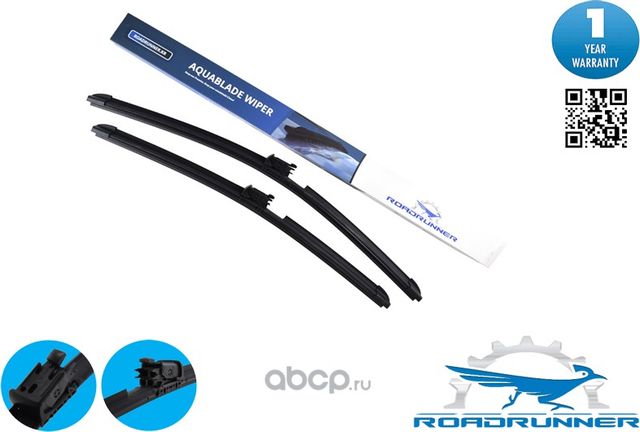 Комплект бескаркасных щеток стеклоочистителя 600mm/500mm AQUA BLADE , с форсун (Roadrunner). Артикул RR600500FKWH