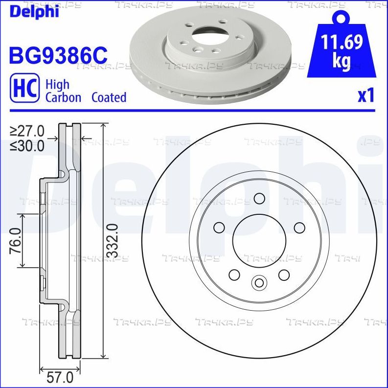 Тормозной диск Delphi передний для Volkswagen Amarok I 2010-2026. Артикул BG9386C