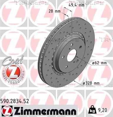 Тормозной диск Zimmermann Sport Coat Z передний для Toyota RAV4 IV (CA40) 2015-2019. Артикул 590.2834.52