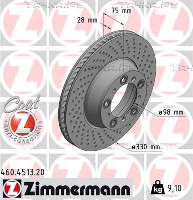 Тормозной диск Zimmermann Coat Z задний правый для Porsche 911 VII (991) 2015-2026. Артикул 460.4513.20