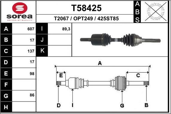 Полуось (привод в сборе, приводной вал) EAI. Артикул T58425