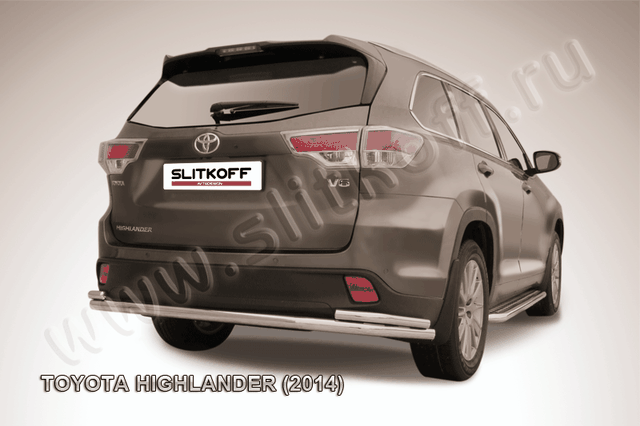 Защита Slitkoff заднего бампера d57/42 двойная длинная для Toyota Highlander II 2014-2026. Артикул THI14-014