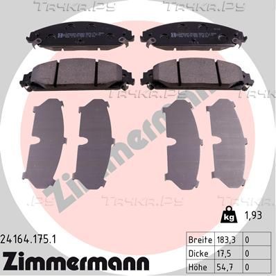 Тормозные колодки Zimmermann передние для Dodge Challenger III 2012-2026. Артикул 24164.175.1