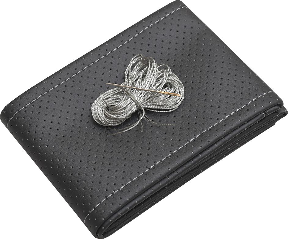 Оплётка на руль Rezkon прошивная (размер L, экокожа перф., цвет ЧЕРНЫЙ/Серая нитка). Артикул 8001021022