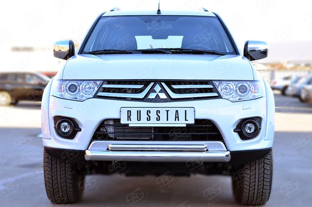 Защита RusStal переднего бампера d63 (секции) d42 (дуга) для Mitsubishi Pajero Sport II рестайлинг 2013-2016. Артикул MPSZ-001577