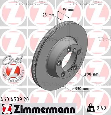 Тормозной диск Zimmermann Coat Z задний правый для Porsche Panamera II 2016-2026. Артикул 460.4509.20