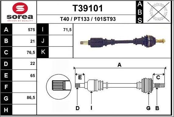 Полуось (привод в сборе, приводной вал) EAI. Артикул T39101