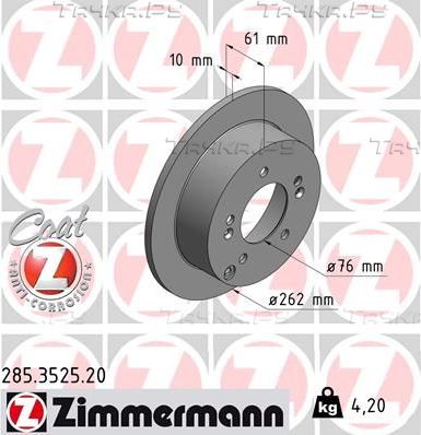Тормозной диск Zimmermann Coat Z задний для Kia Magentis II 2005-2010. Артикул 285.3525.20