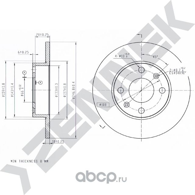 Диск тормозной передний PEUGEOT 205 I/II 83-00 PEUGEOT 206 98-12 (Zennek). Артикул DBD0254