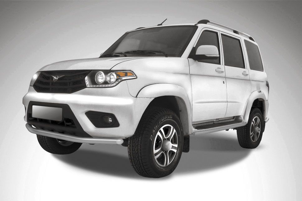 Защита Slitkoff переднего бампера d57 для УАЗ Patriot I рестайлинг 2014-2026 Серебристая. Артикул UP14-004S