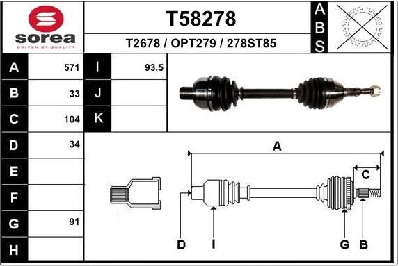 Полуось (привод в сборе, приводной вал) EAI. Артикул T58278