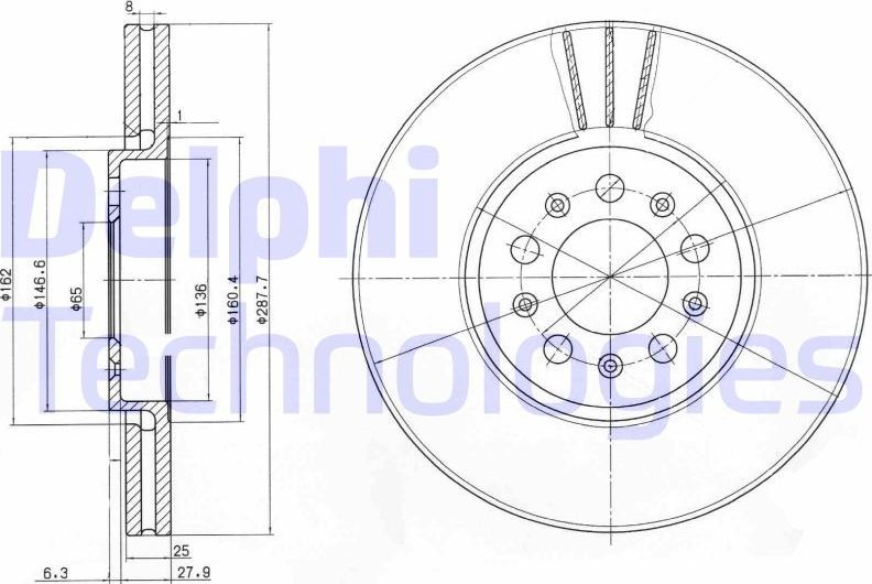 Тормозной диск Delphi передний для Audi A1 I (8X) 2011-2018. Артикул BG3035