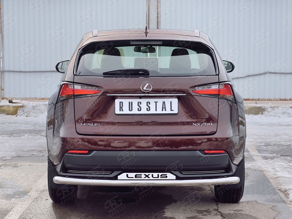 Защита RusStal заднего бампера d63 секции с надписью для Lexus NX200 2014-2017 (кроме F-Sport). Артикул LNXZ-002585