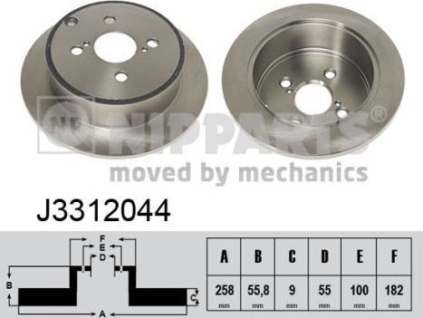 Тормозной диск Nipparts задний для Toyota Corolla E120, E130 2001-2008. Артикул J3312044
