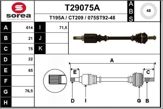 Полуось (привод в сборе, приводной вал) EAI. Артикул T29075A