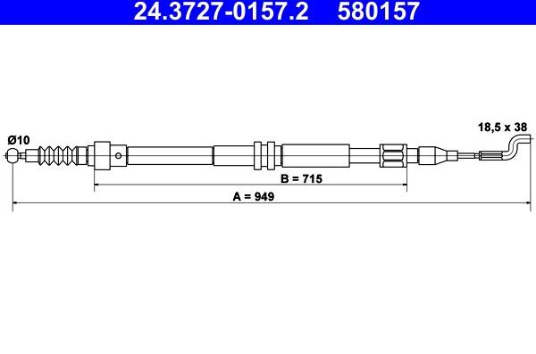 Трос ручника (тросик ручного тормоза) ATE задний для Volkswagen Transporter T4 1990-2003. Артикул 24.3727-0157.2