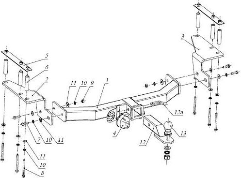 Фаркоп Bizon для SsangYong Kyron (без выреза бампера) 2005-2015 с накладкой из нержавеющей стали. Быстросъемный крюк. Артикул FA 0530-E(N)