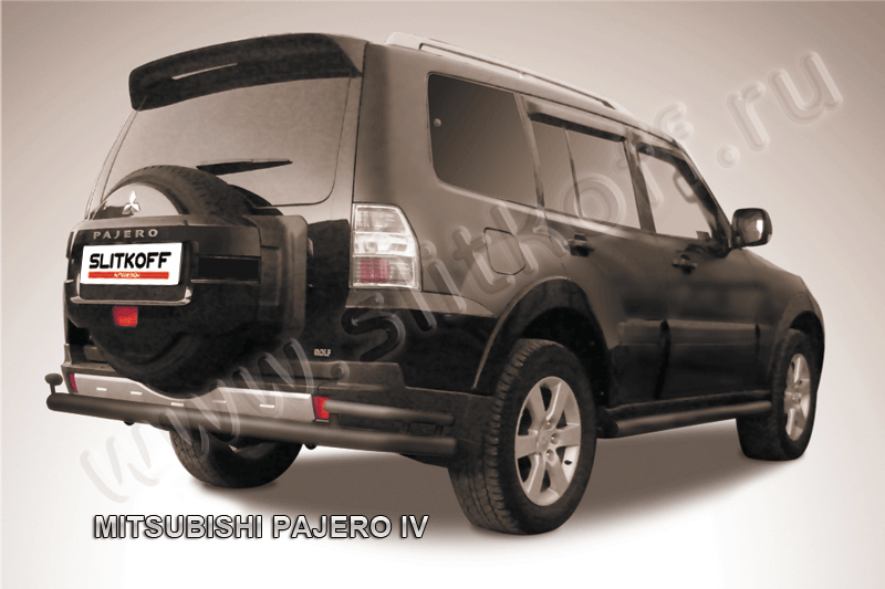 Защита Slitkoff заднего бампера d76/42 двойная ЧЕРНАЯ матовая для Mitsubishi Pajero IV 2006-2011. Артикул MPJ015B