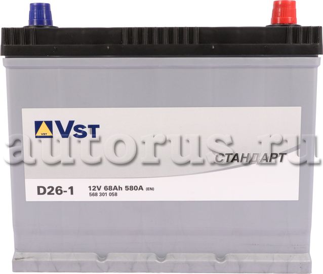 АККУМУЛЯТОРНАЯ БАТАРЕЯ 68AH 580A 17.2КГ 6СТ-68 D26 (VST). Артикул 568301058