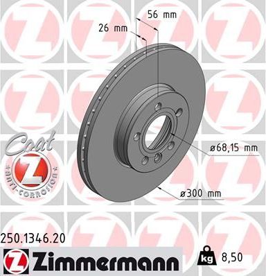 Тормозной диск Zimmermann Coat Z передний для Ford Galaxy I 2000-2006. Артикул 250.1346.20