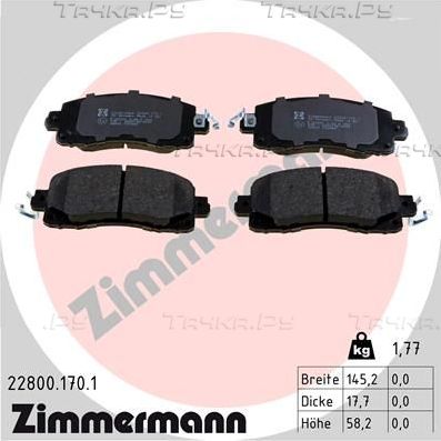 Тормозные колодки Zimmermann передние для Subaru XV II 2017-2026. Артикул 22800.170.1