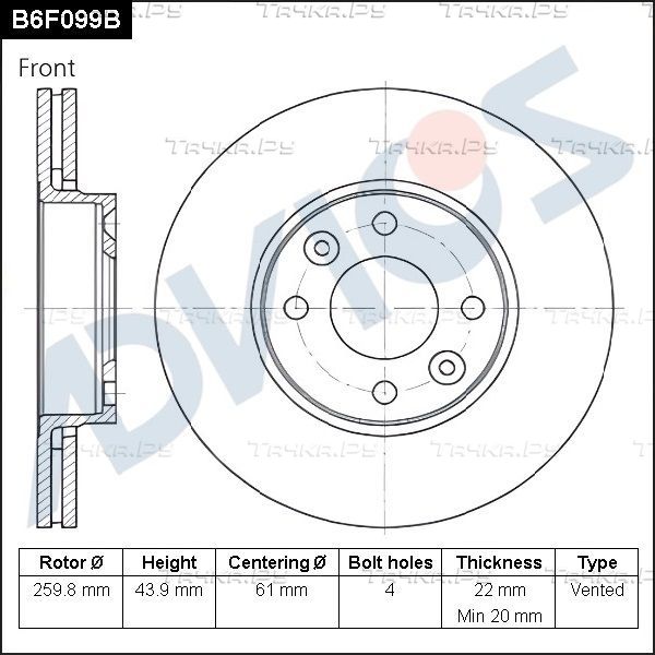 Тормозной диск Advics для Nissan Micra K12 2003-2010. Артикул B6F099B