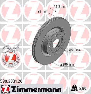 Тормозной диск Zimmermann Coat Z передний для Toyota Yaris III 2012-2014. Артикул 590.2831.20