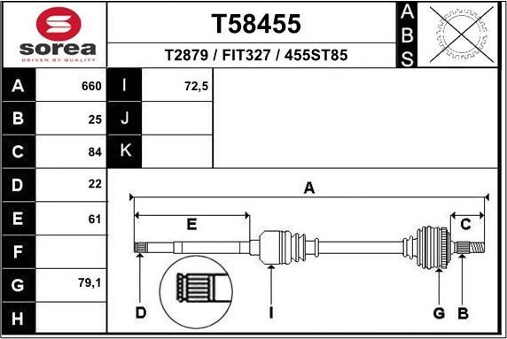 Полуось (привод в сборе, приводной вал) EAI передняя левая для Fiat Bravo II 2007-2014. Артикул T58455