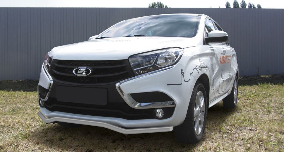 Защита Slitkoff переднего бампера d42 волна для Lada Xray 2015-2026 Серебристая. Артикул LadXR001S