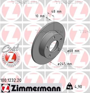 Тормозной диск Zimmermann Coat Z задний для Volkswagen Passat B5 1998-2005. Артикул 100.1232.20