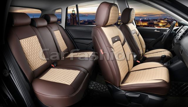Чехлы универсальные каркасные CarFashion 5D Titan Plus на сидения авто, цвет Бежевый/Кофе/Бежевый/Кофе. Артикул 27235