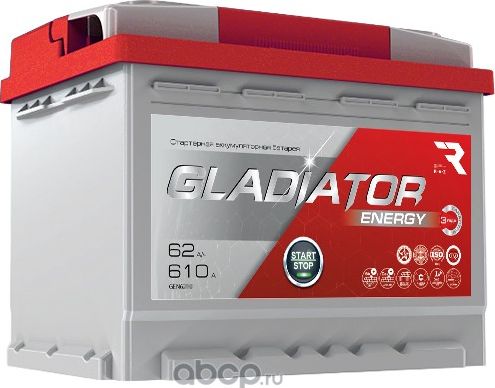 АКБ Gladiator Energy 62 А/ч  пусковой ток 610 А  обратной полярности  тип вывода конус. 242х175х190 Gladiator. Артикул gen6200