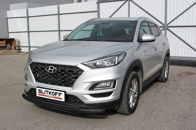 Защита Slitkoff переднего бампера d57+d42 двойная для Hyundai Tucson III рестайлинг 2018-2026 Черная. Артикул HT18001В