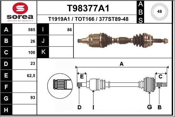 Полуось (привод в сборе, приводной вал) EAI. Артикул T98377A1