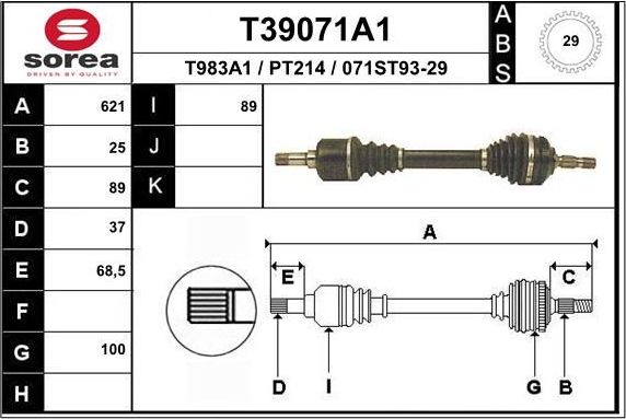Полуось (привод в сборе, приводной вал) EAI. Артикул T39071A1