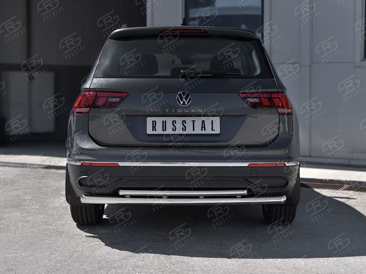 Защита RusStal заднего бампера d63 дуга d42 дуга для Volkswagen Tiguan II рестайлинг 2020-2026 (кроме R-Line). Артикул VGZ-003582