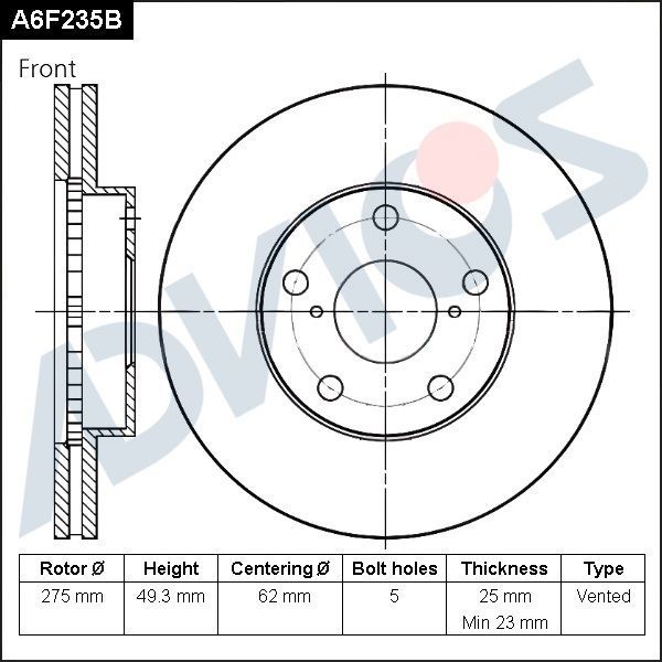 Тормозной диск Advics для Toyota RAV4 II (XA20) 2000-2005. Артикул A6F235B