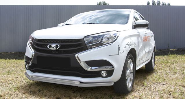 Защита Slitkoff переднего бампера d42+d42 двойная для Lada Xray 2015-2026 Серебристая. Артикул LadXR005S