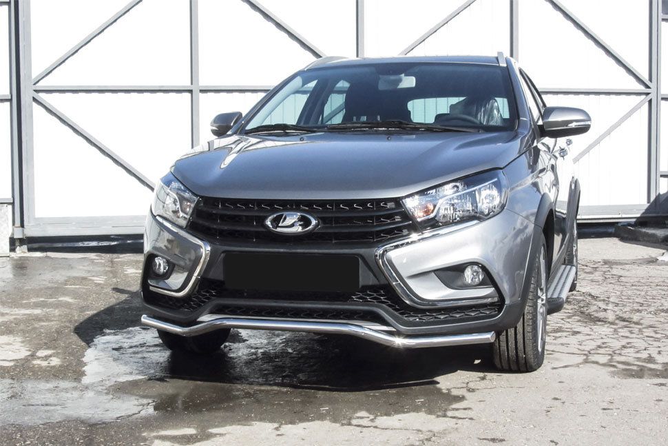 Защита Slitkoff переднего бампера d42 волна для Lada Vesta SW Cross 2017-2026. Артикул LadVSWCR01
