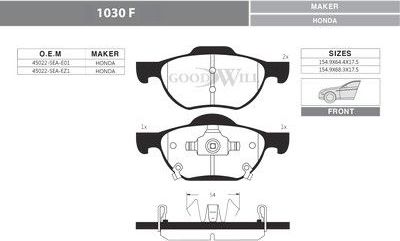 Тормозные колодки GoodWill. Артикул 1030 F