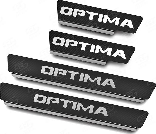 Накладки RusStal на пороги (лист нерж., карбон., надпись) для Kia Optima IV 2016-2026. Артикул KIAOP16-06